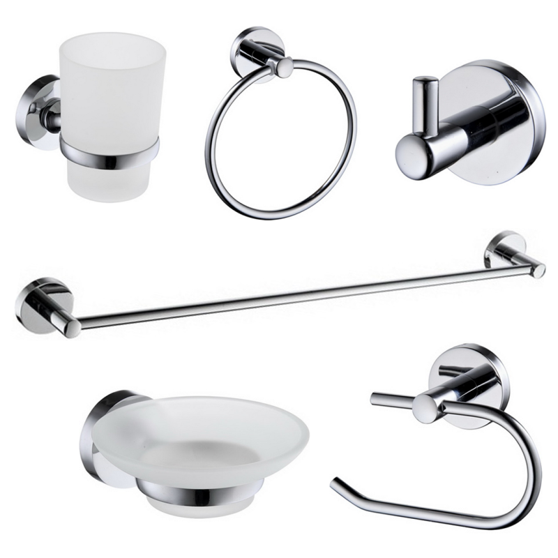 Round 6 Pcs Bathroom Accessory Toilet Paper Towel Robe Holder Rail Soap Chrome